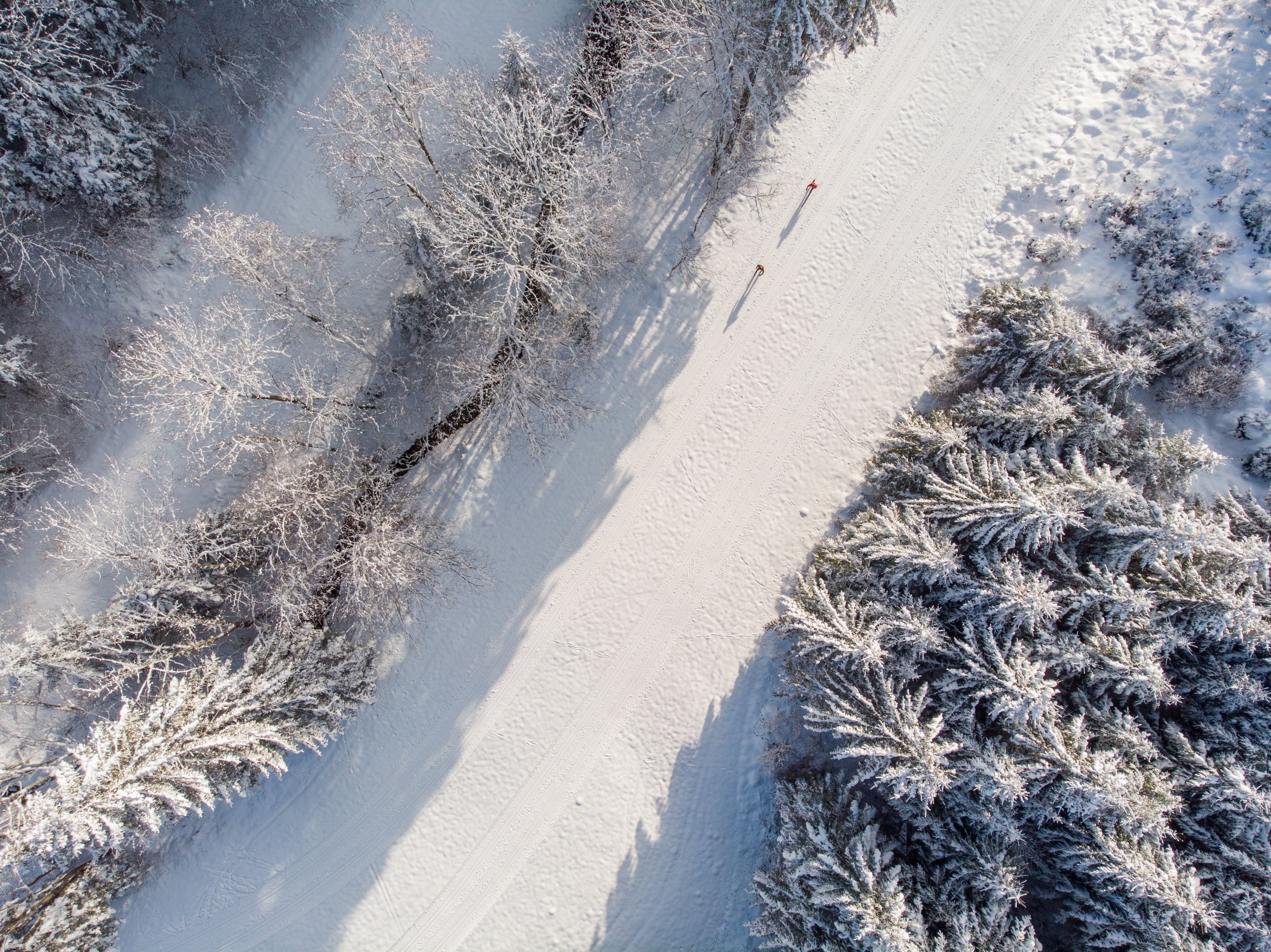 Luftaufnahme einer verschneiten Langlaufloipe neben einem Bach mit zwei Personen beim Langlaufen, umgeben von schneebedeckten Bäumen.