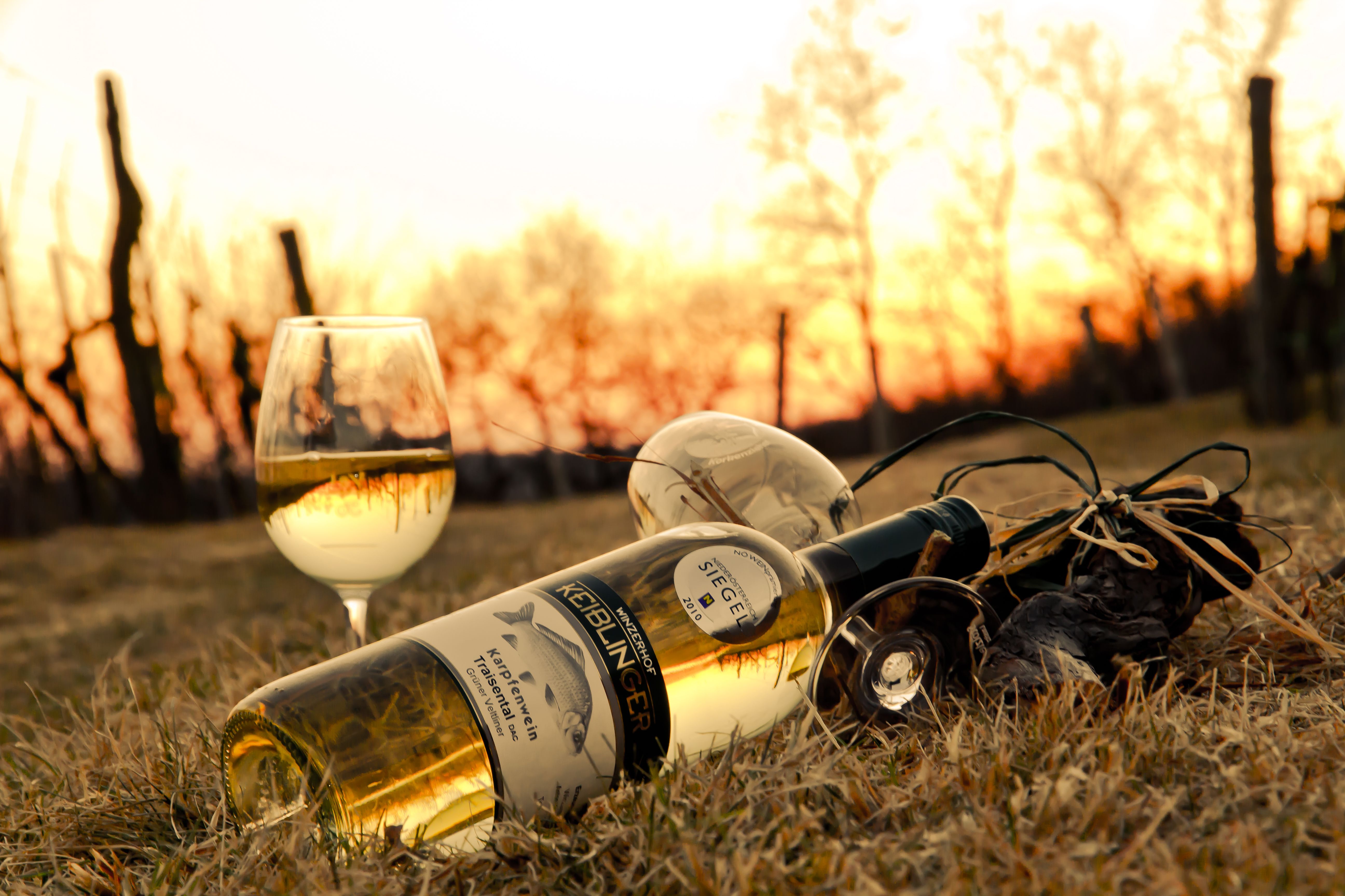 Weinflasche und Glas im Gras bei Sonnenuntergang.