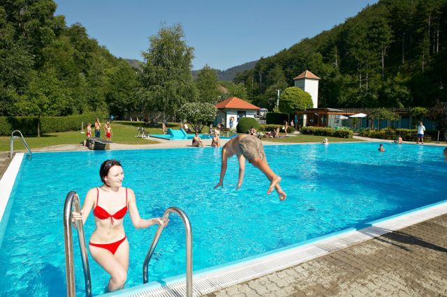 Ein Freibad mit Menschen, die schwimmen und entspannen. Eine Frau steigt aus dem Wasser, während ein Mann ins Becken springt. Umgeben von Bäumen und Hügeln.