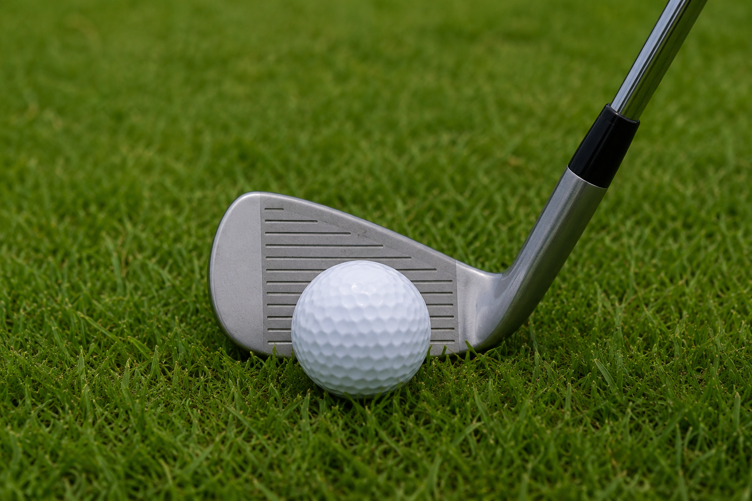 Ein Golfschläger und ein Golfball auf grünem Rasen.