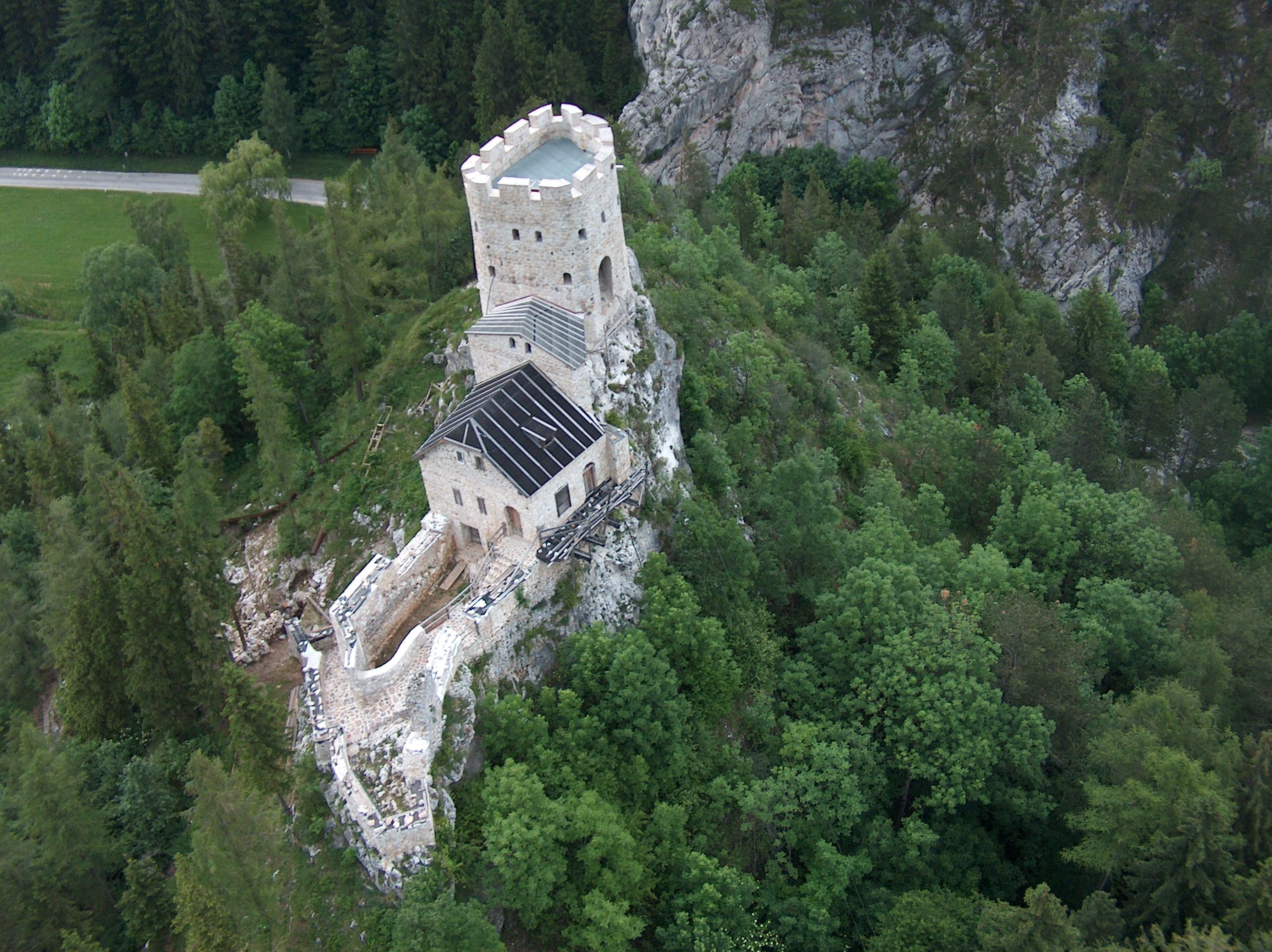 Luftaufnahme der Burgruine Losenheim umgeben von Wald.