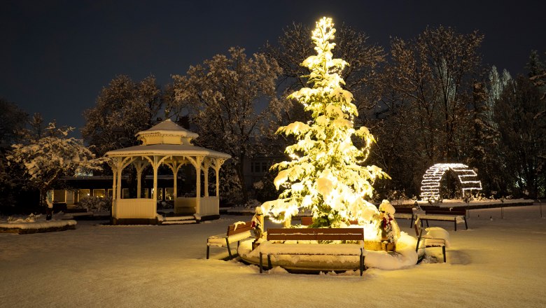 Ein idyllischer Park ist schneebedeckt und weihnachtlich gestaltet.