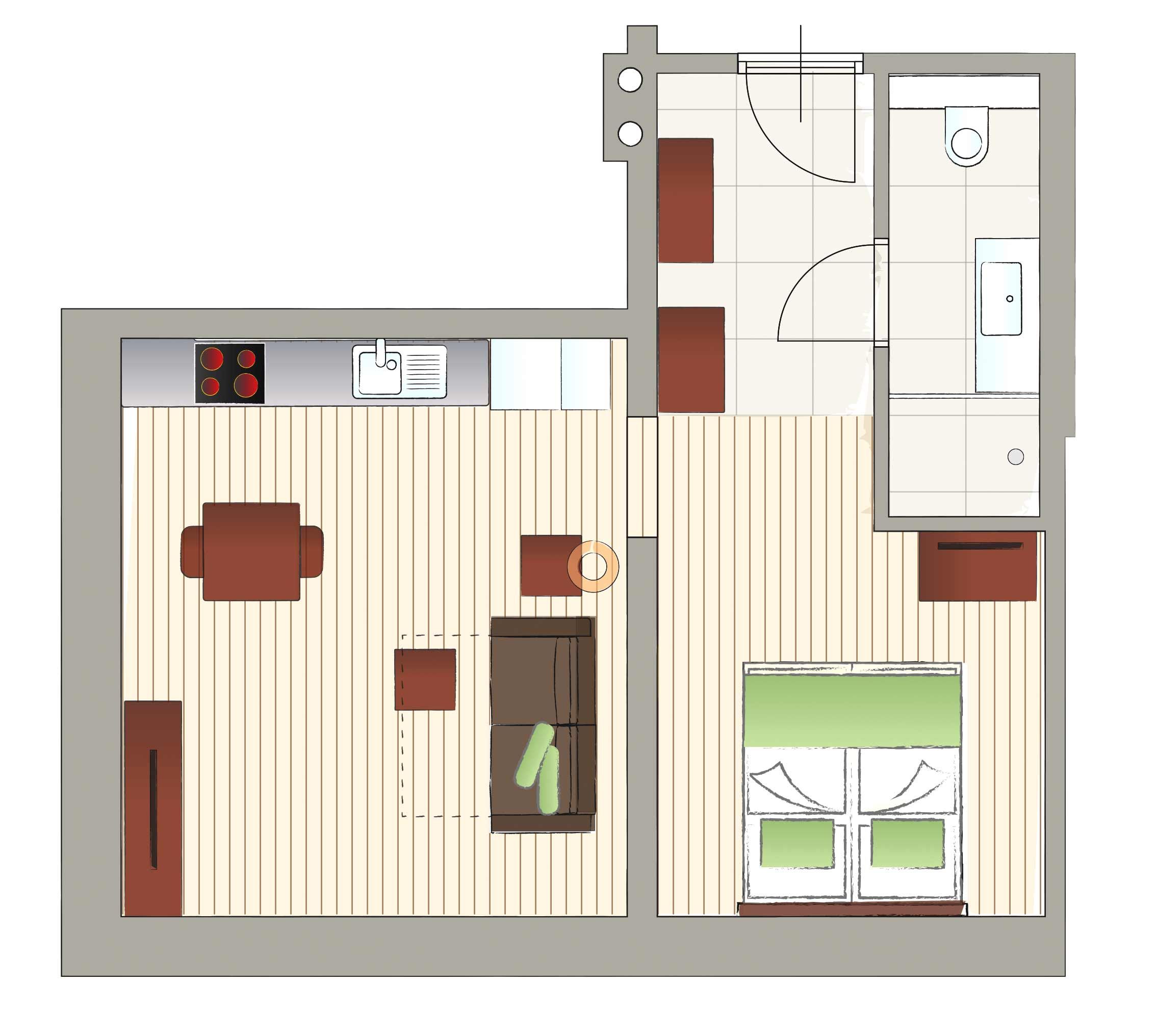 Grundriss einer kleinen Wohnung mit Wohnbereich, Küche, Bad und Schlafzimmer.