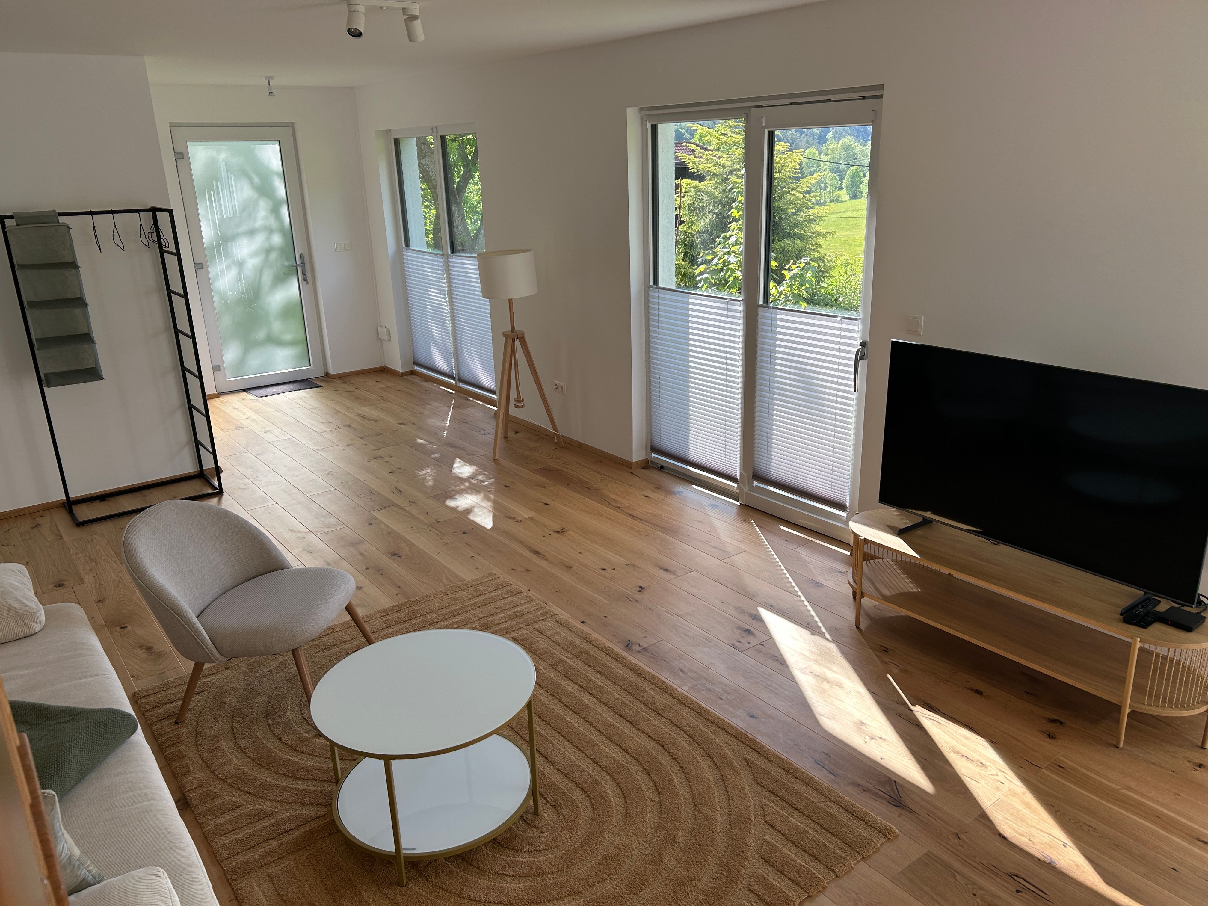 Innenansicht eines modernen Wohnzimmers mit Holzboden, Sofa, Sessel, Couchtisch und Fernseher. Große Fenster lassen viel Licht herein.