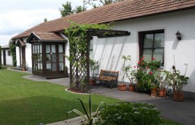 Gepflegter Garten ,ot vielen Topfpflanzen und die Eingangst&uuml;ren zu den Wohnungen.