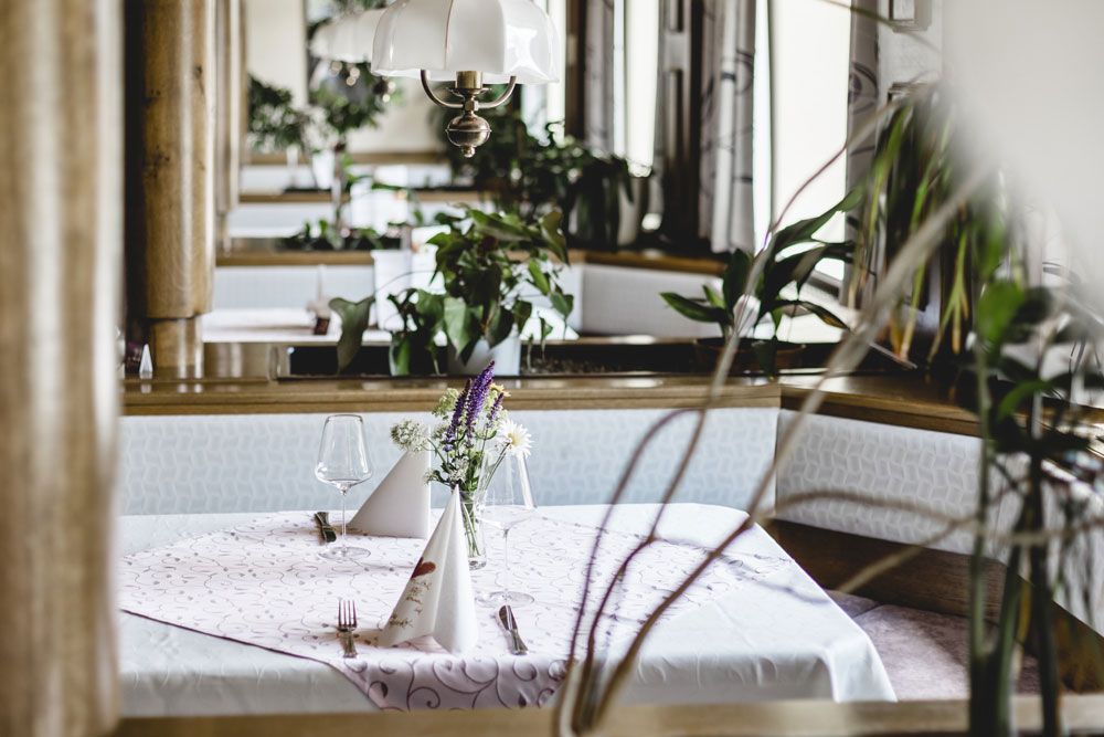 Ein gedeckter Tisch in einem gemütlichen Raum mit Pflanzen und einer Lampe darüber.