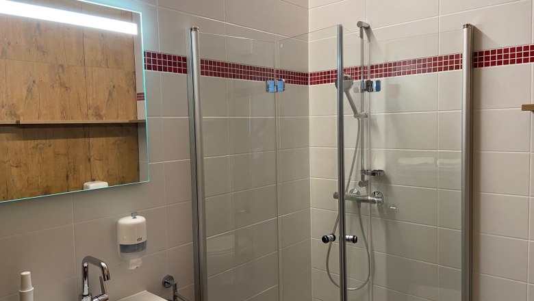 Modernes Badezimmer mit Dusche, Waschbecken und Spiegel.