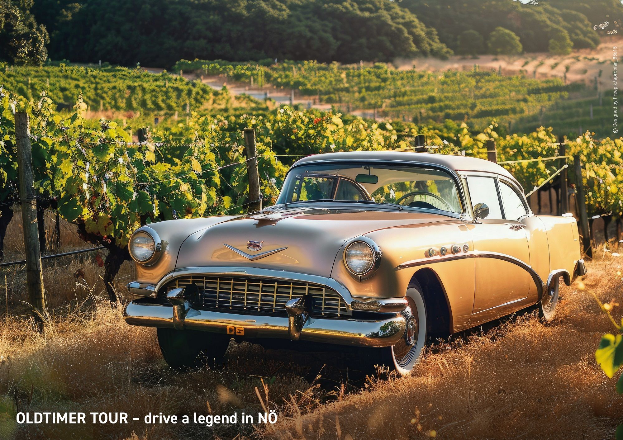 Ein goldener Oldtimer steht in einem sonnigen Weinberg.