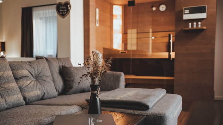 Gem&uuml;tliches Wohnzimmer mit grauem Sofa, Holztisch und Sauna im Hintergrund.