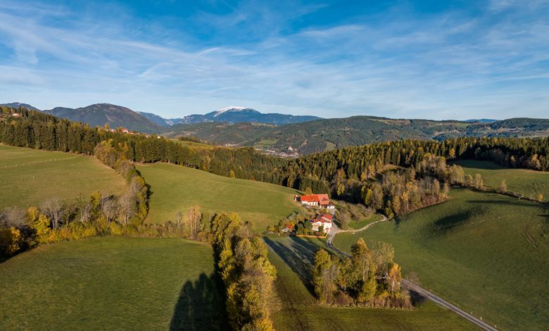Landschaft bei St. Corona am Wechsel mit grünen Hügeln und einem Bauernhof.