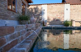 Backsteinmauer mit Wasserspeiern und Pflanzen am Rand eines Pools.