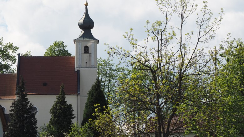Kirche mit Zwiebelturm und Bäumen im Vordergrund.