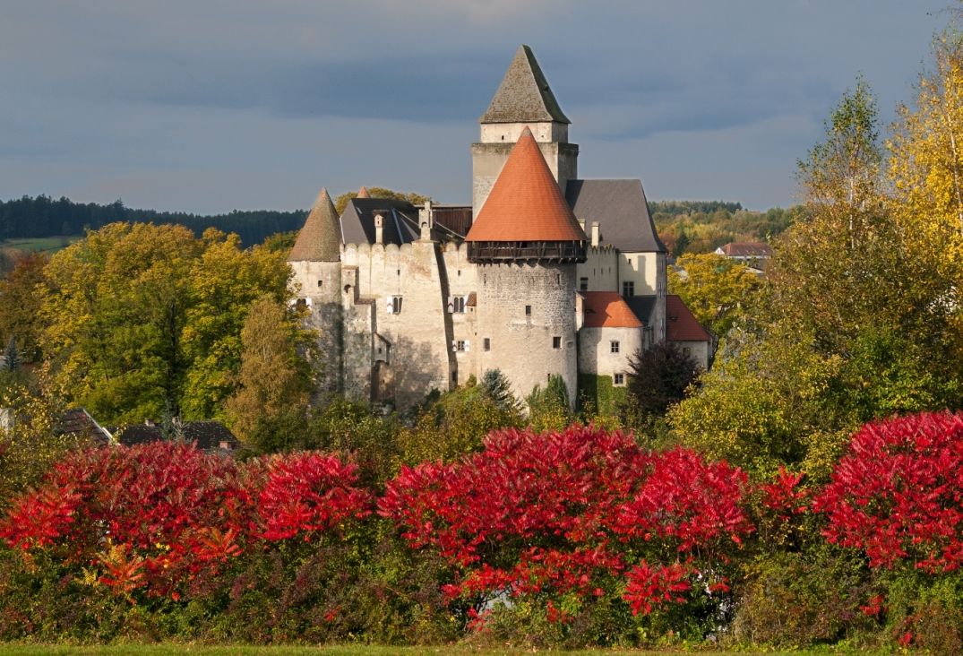 Burg Heidenreichstein im Herbst mit buntem Laub im Vordergrund.