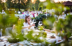 Umgeben von üppigem Grün und der warmen Abendsonne, genießen die Gäste ein geselliges Beisammensein. Die Tische sind liebevoll gedeckt und laden dazu ein, regionale Köstlichkeiten zu probieren und den Sommer in vollen Zügen zu erleben.
