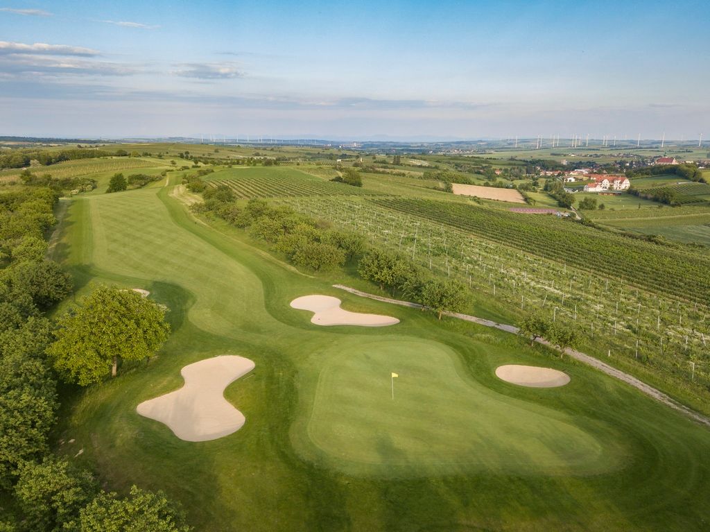 Luftaufnahme eines Golfplatzes mit Sandbunkern und umliegenden Weinbergen.