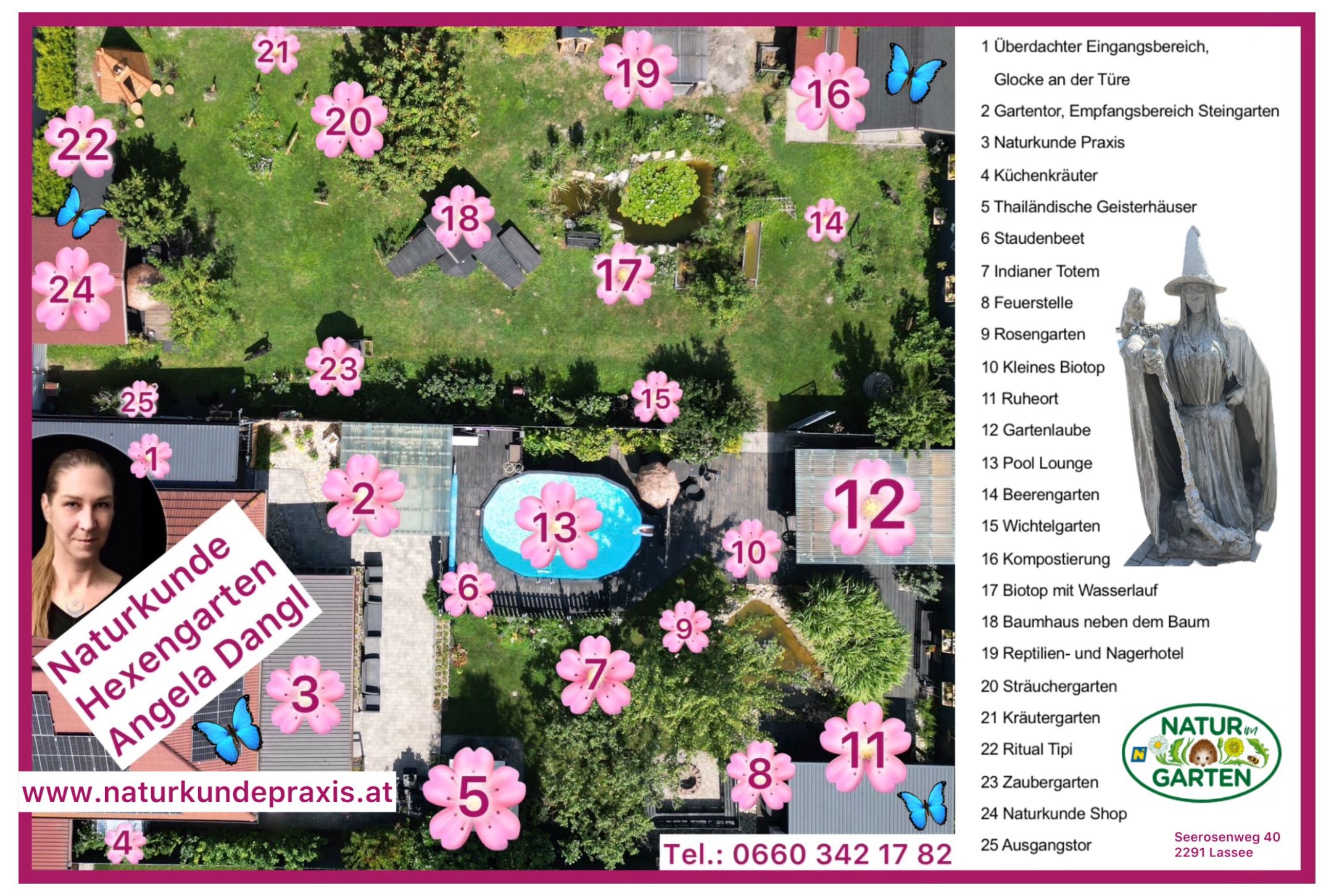Übersichtsplan des Naturkunde Hexengartens mit nummerierten Bereichen und einer Liste der Attraktionen.