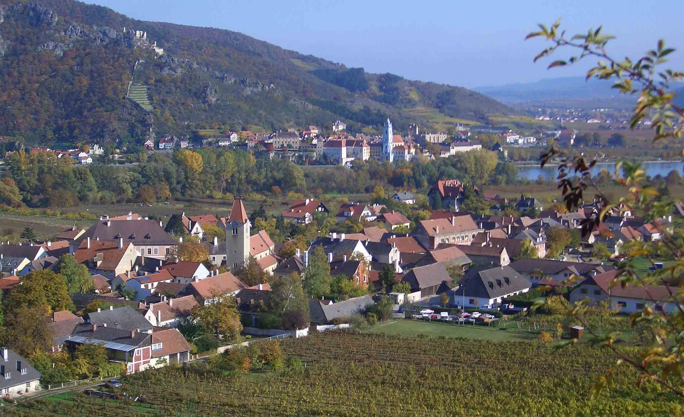Panorama einer malerischen Stadt mit Weinbergen und einem Fluss im Hintergrund.