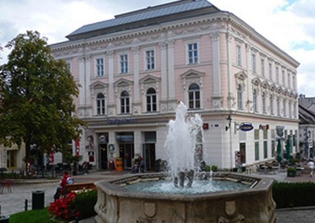 Historisches Geb&auml;ude mit Brunnen im Vordergrund.
