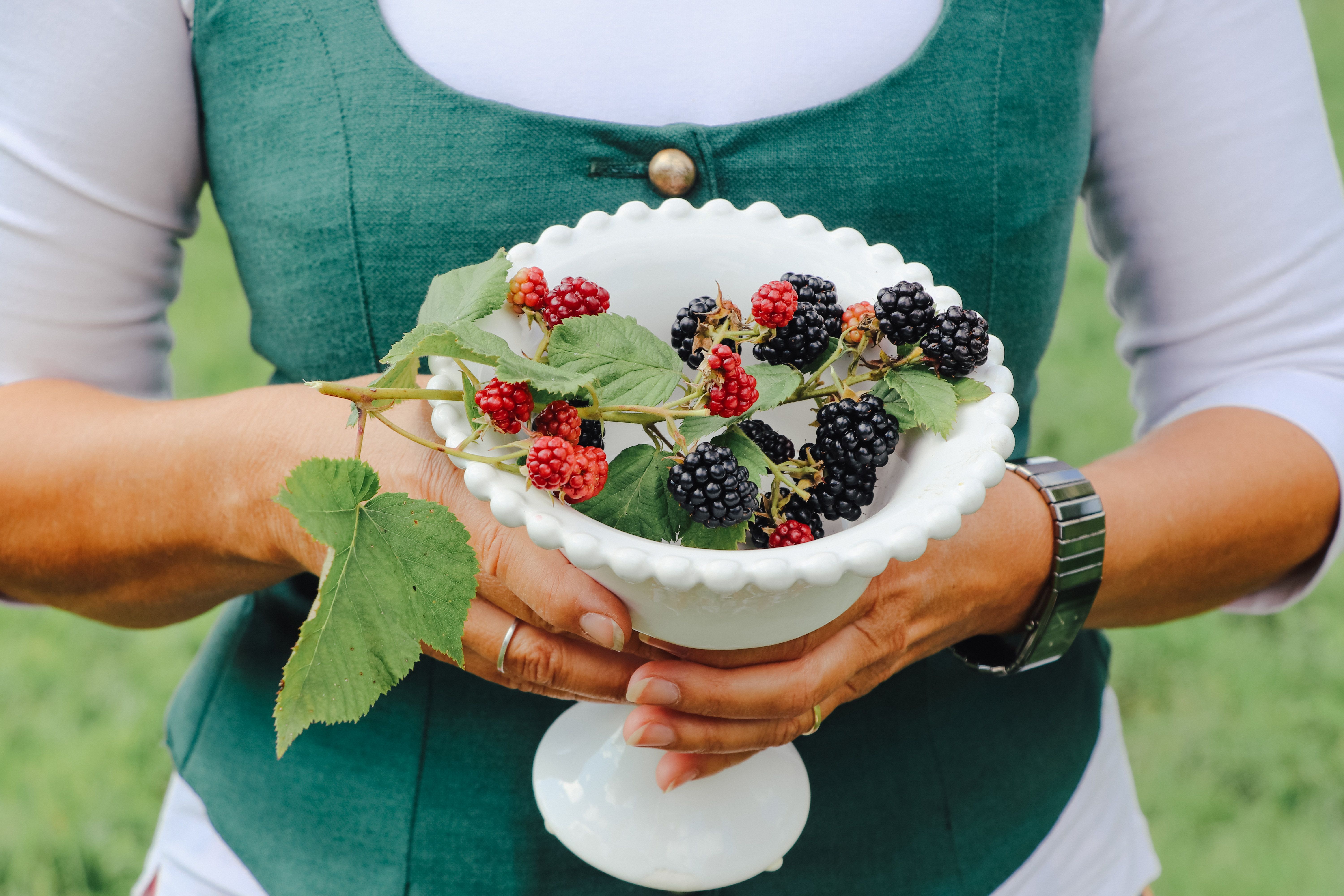 Eine Person hält eine weiße Schale mit Brombeeren und Blättern.