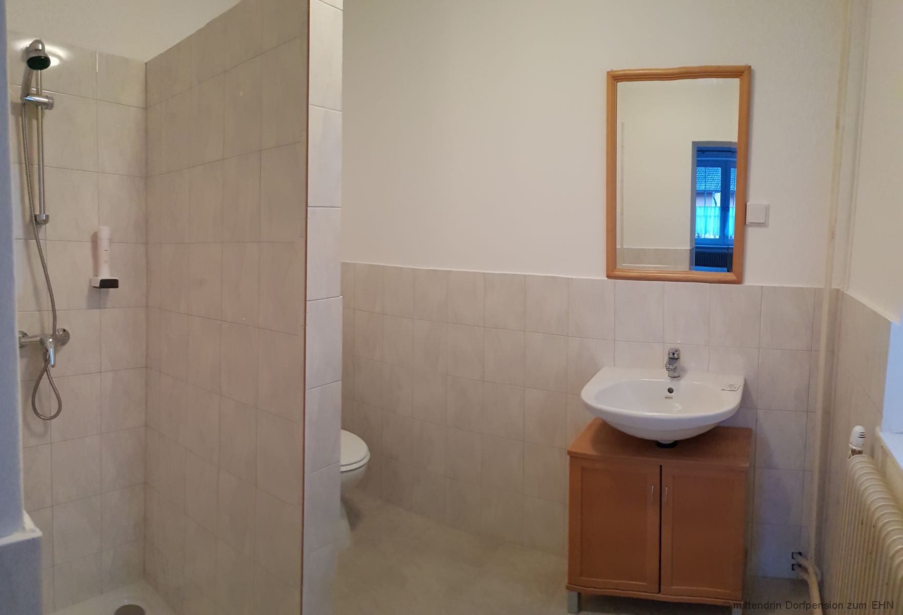 Badezimmer mit Dusche, Waschbecken und Spiegel.