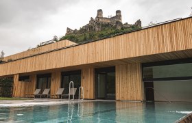Moderner Au&szlig;enpool mit Holzverkleidung und Burgruine im Hintergrund.
