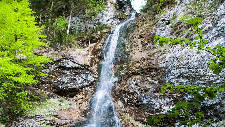 Ein Wasserfall fließt über eine steinige Klippe, umgeben von grüner Vegetation.