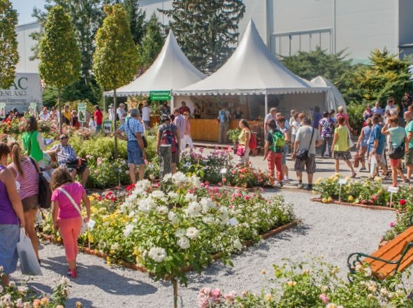 Menschen auf einer Gartenmesse mit Blumenbeeten und wei&szlig;en Zelten.