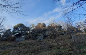 Felsformation mit Bäumen und blauem Himmel im Hintergrund.