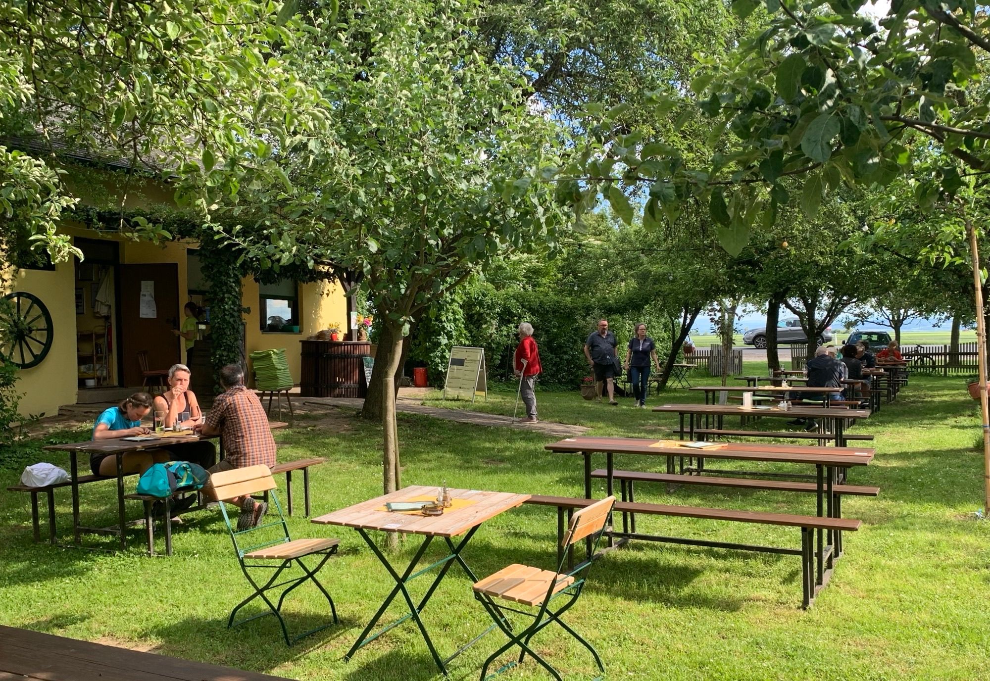 Schattiger Gastgarten mit Tischen und Sitzbänken unter Obstbäumen.