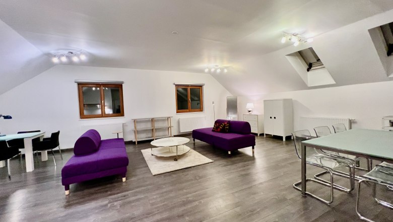 Modernes Loft mit violetten Sofas, Esstisch und Holzboden.