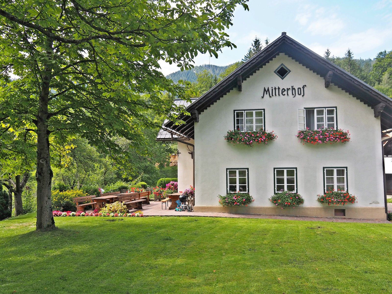 Ein traditionelles Bauernhaus mit dem Namen Mitterhof, umgeben von grüner Landschaft und Blumenbeeten.