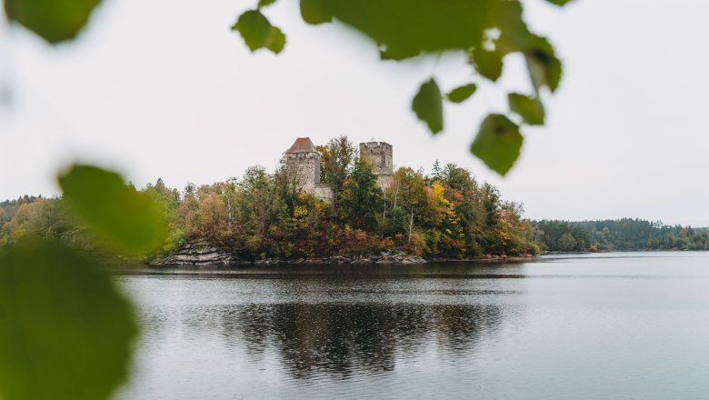 Blick auf die Ruine Lichtenfels am Stausee Ottenstein, umgeben von herbstlichen B&auml;umen und Wasser.