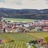 Blick auf das Dorf Rohrendorf mit Weinbergen im Vordergrund und Hügeln im Hintergrund.