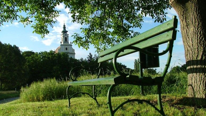 Eine gr&uuml;ne Bank unter einem Baum mit Blick auf eine Kirche im Hintergrund.