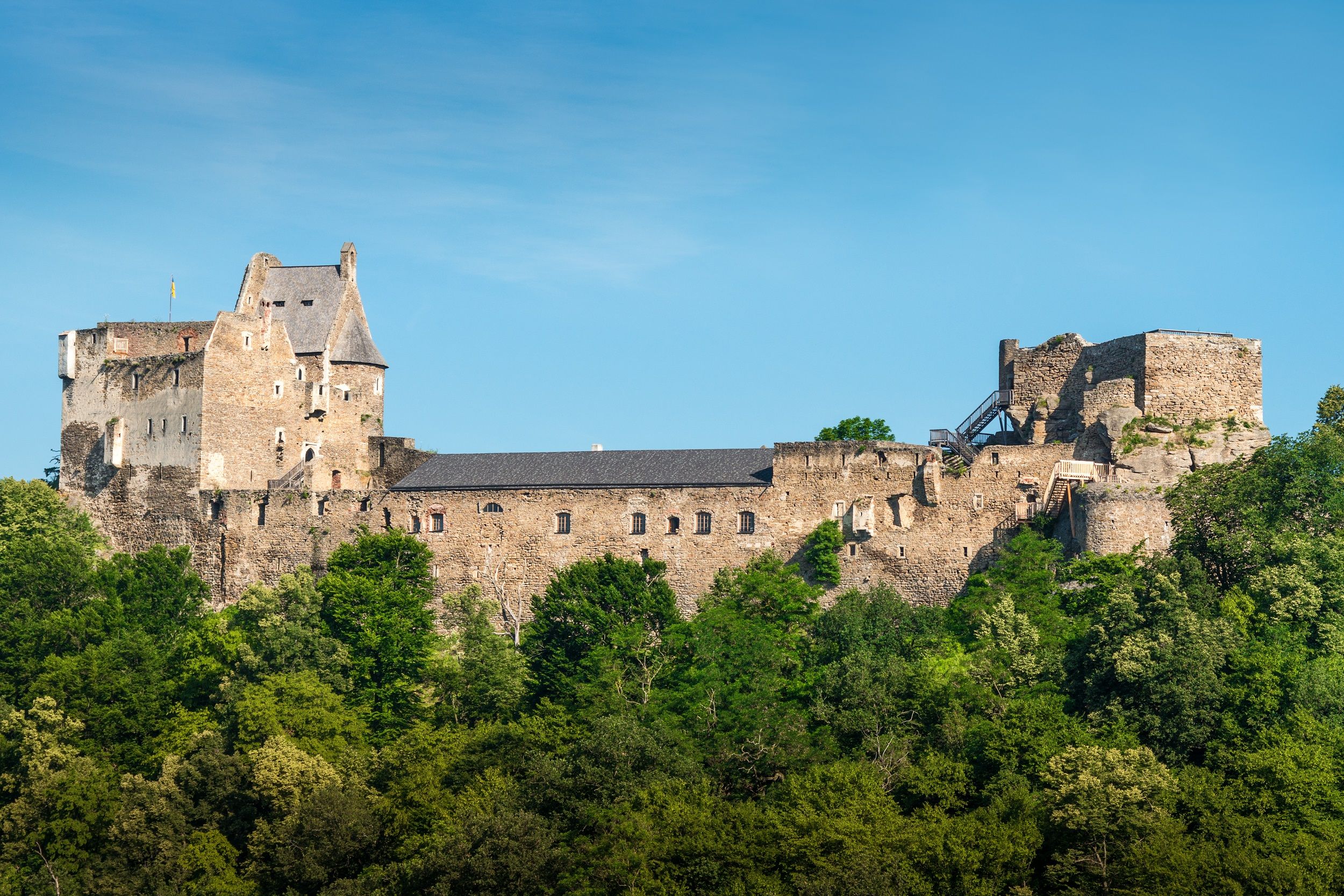 Ruine der Burg Aggstein auf einem bewaldeten Hügel vor blauem Himmel.