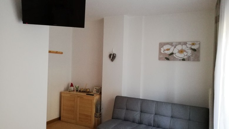 Ein Zimmer mit grauer Ausziehcouch, Wandbild mit Blumen, Fernseher an der Wand und einem kleinen Schrank mit Dekorationen.