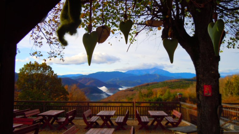 Terrasse mit Holztischen und B&auml;nken, umgeben von B&auml;umen, mit Blick auf bewaldete Berge und Wolken am Horizont.