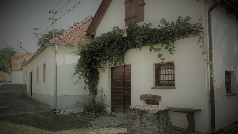 Ein traditionelles weißes Gebäude mit roten Ziegeldach und Efeu an der Fassade. Im Vordergrund steht ein alter Brunnen.
