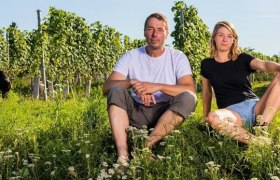 Zwei Personen sitzen auf einer Wiese vor einem Weinberg.