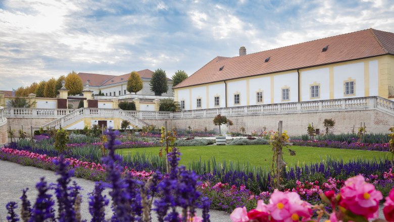 Blumenbeet mit Schloss Hof im Hintergrund
