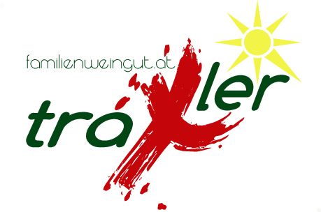 Logo des Familienweinguts Traxler mit rotem Pinselstrich und gelber Sonne.
