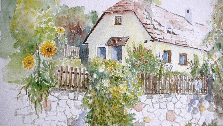 Aquarell eines Hauses mit Garten und Sonnenblumen.