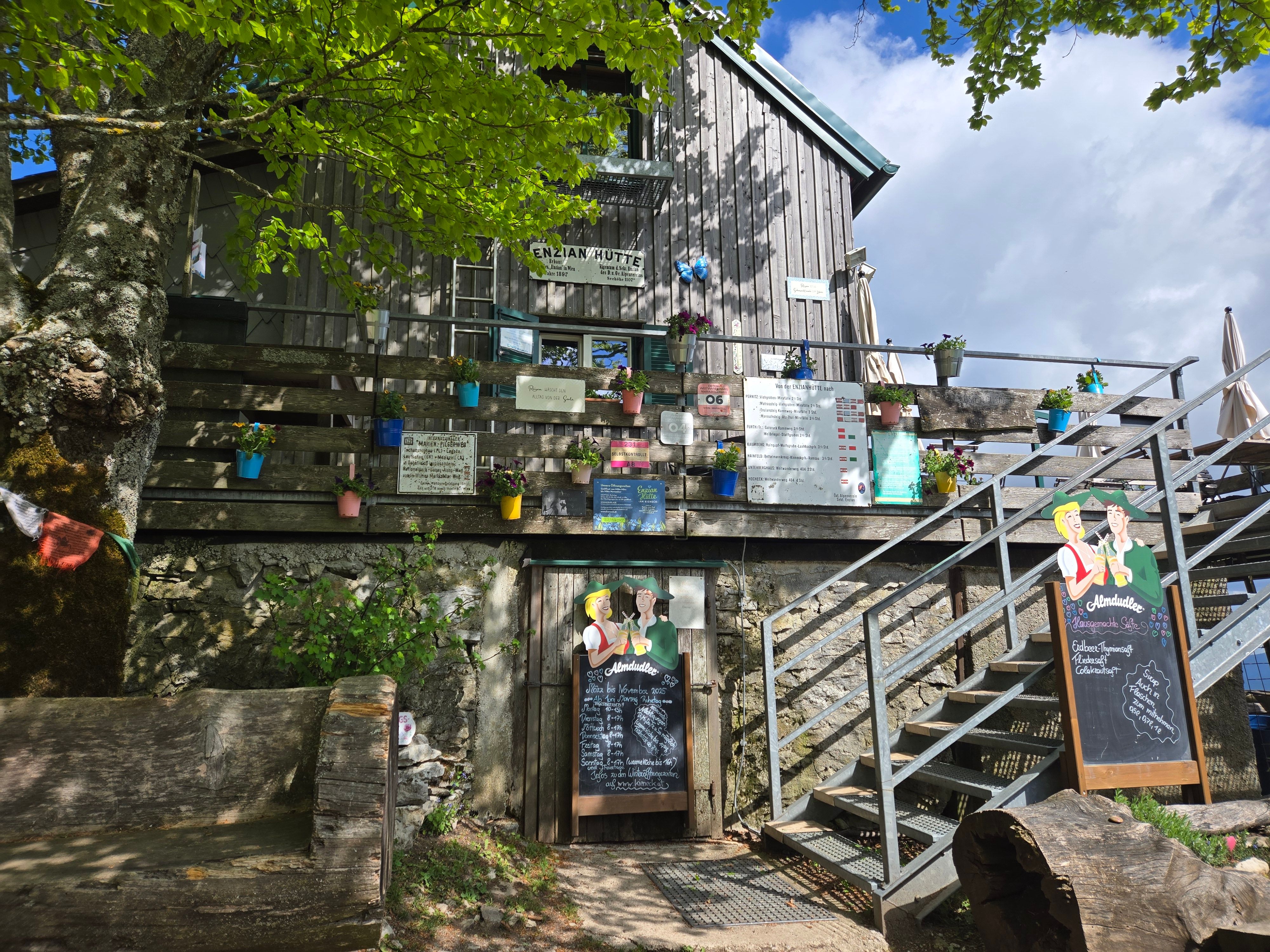 Außenansicht der Enzianhütte mit Holzfassade, Treppe, Blumenkästen und Schildern unter einem Baum.
