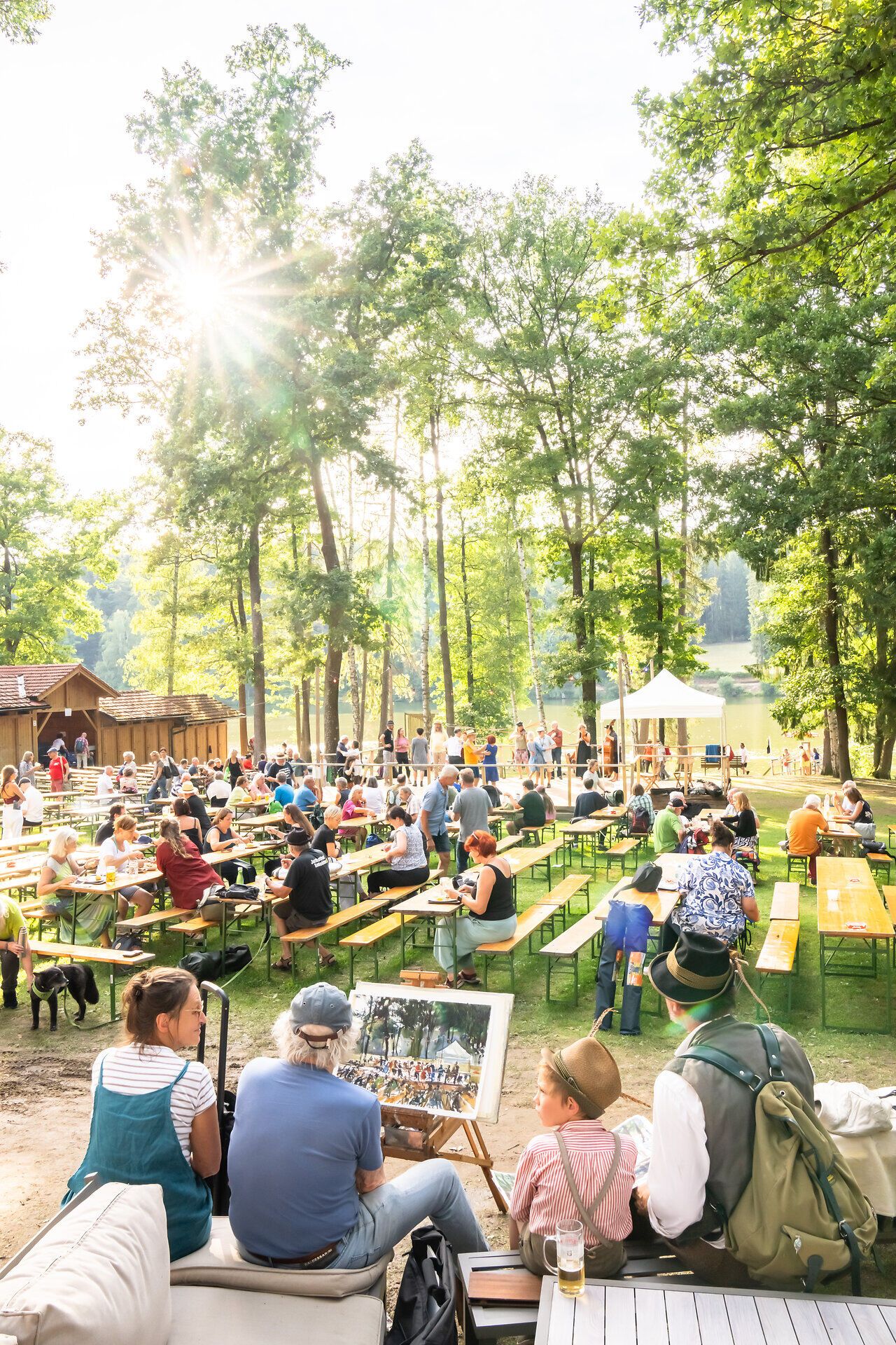 Inmitten der malerischen Natur versammeln sich Menschen, um die Klänge des Schrammel.Klang.Festivals zu genießen. Die warmen Sonnenstrahlen durchdringen das Blätterdach der Bäume und schaffen eine einladende Atmosphäre, die zum Verweilen einlädt.