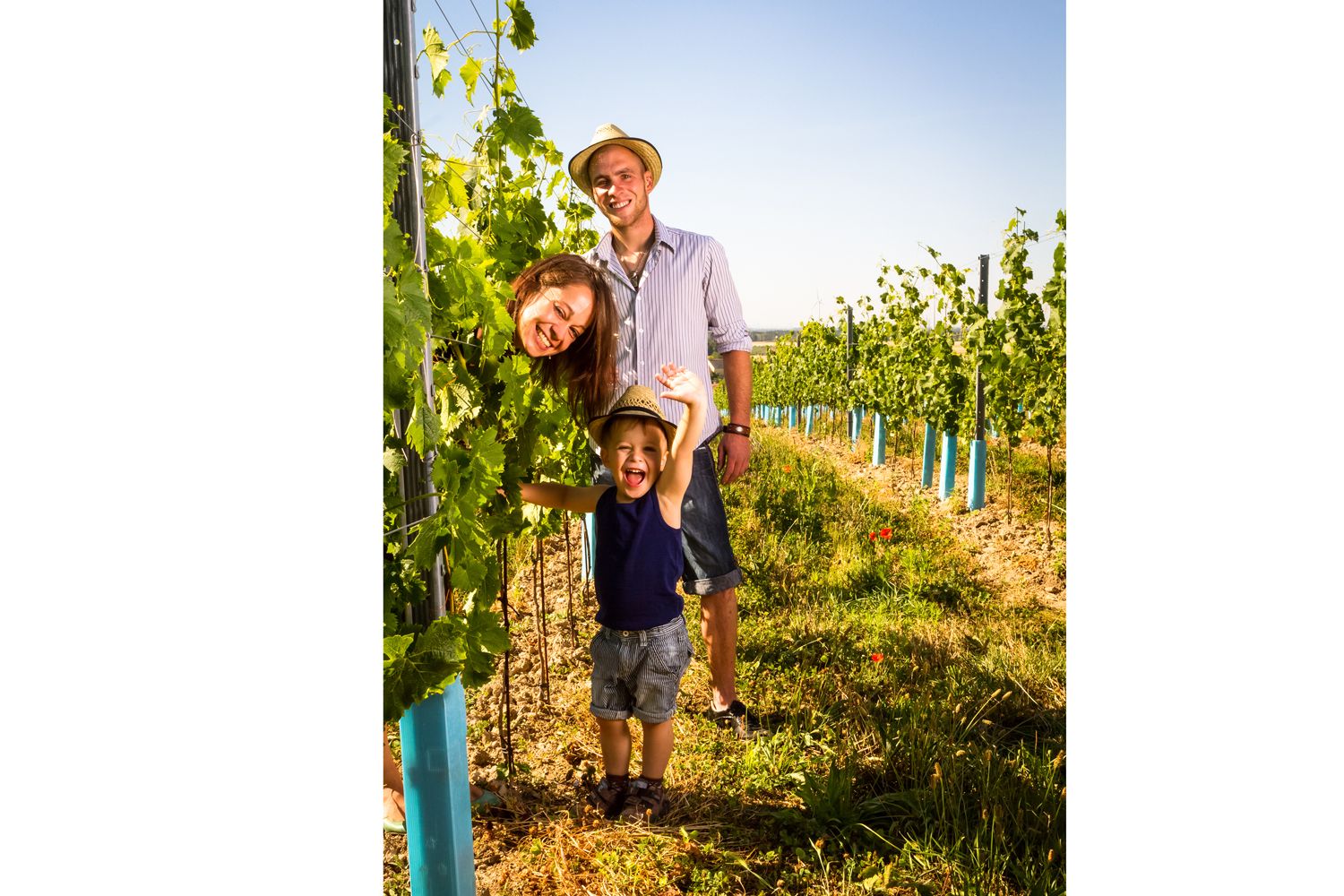 Familie im Weingarten mit fröhlichem Kind und Eltern in Sommerkleidung.