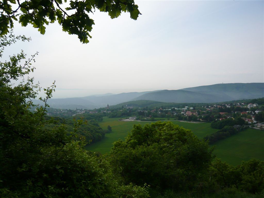 Blick auf Gießhübl mit grünen Hügeln und Bäumen im Vordergrund.