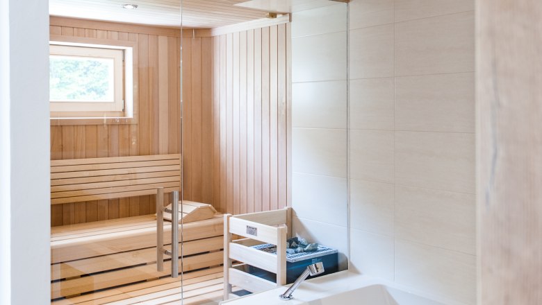 Innenansicht einer modernen Sauna mit Holzverkleidung und Glaswand, daneben eine weiße Badewanne.