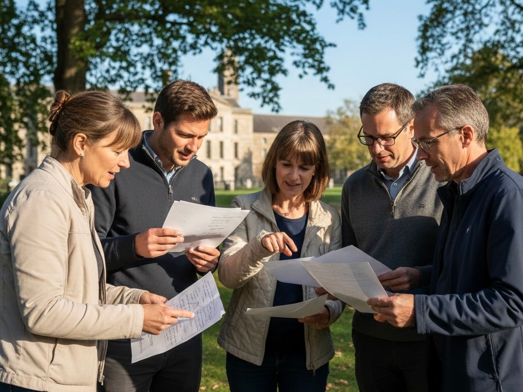 Fünf Personen vor einem historischen Gebäude beim Studieren von Unterlagen