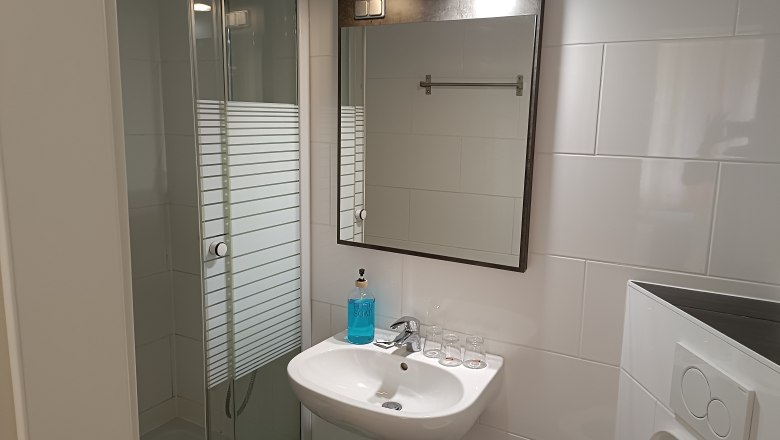 Modernes Badezimmer mit Dusche, Waschbecken und Spiegel.