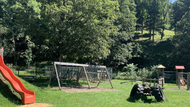 Spielplatz im Naturpark Falkenstein mit Rutsche, Schaukeln und Kletterger&uuml;st, umgeben von B&auml;umen.
